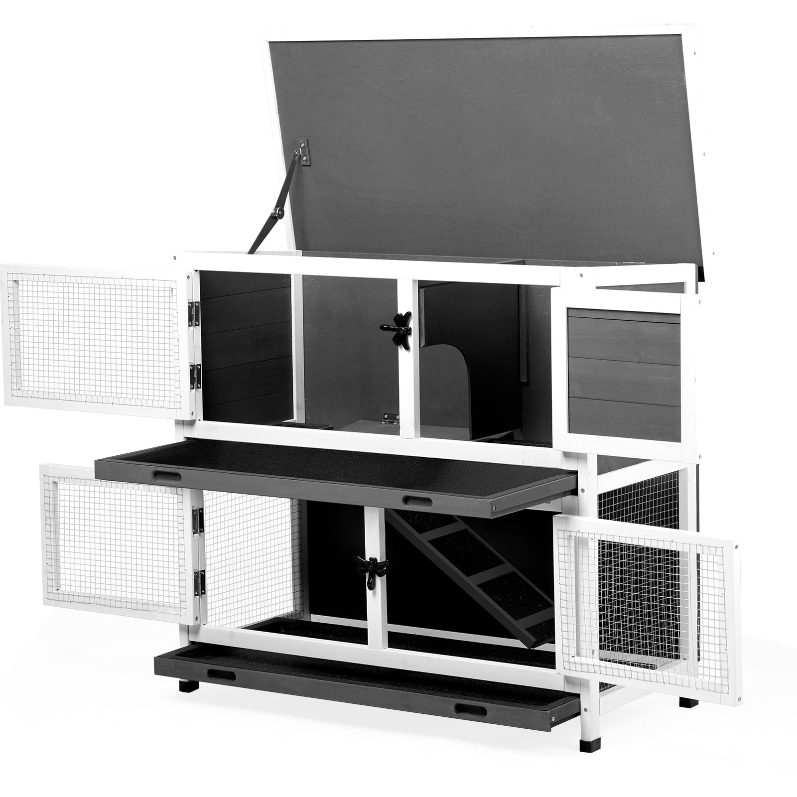2 Story Solid Wood Rabbit Hutch Bunny Cage with 2 Large Main Rooms, Indoor Outdoor Rabbit House Guinea Pig Cage Pet House for Small Animals with 2 Removable Trays, Grey