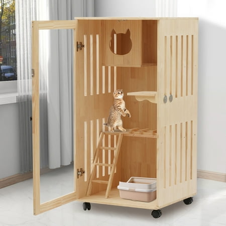 2-Story Wooden Cat House Comfortable Shelter Multi-Feature Cat Condo Ventilation