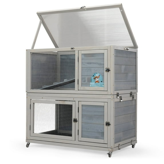 2 Story Wooden Rabbit Hutch Indoor/Outdoor, Weatherproof Bunny Cage Rabbit House with Wheels, Pull Out Tray, Non-Slip Ramp, Wooden Chicken Coop, Pet House for Rabbits and Guinea Pigs