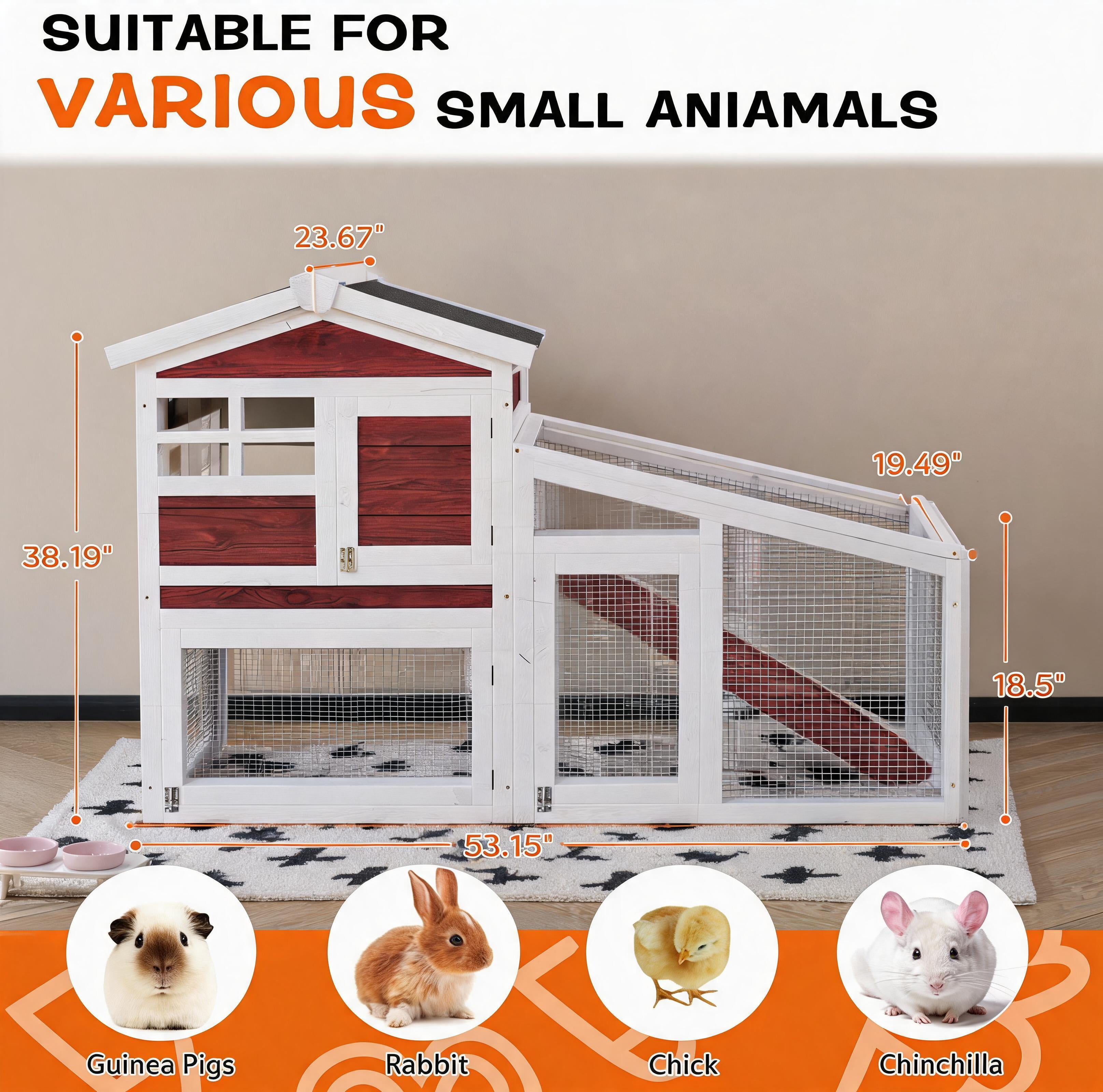 2-Story Wooden Rabbit Hutch for Indoor & Outdoor – Weatherproof, Removable Leak-Proof Tray, Anti-Chew Metal Ramp, Wire Netting, Spacious Pet House for Small Animals, Rufous White