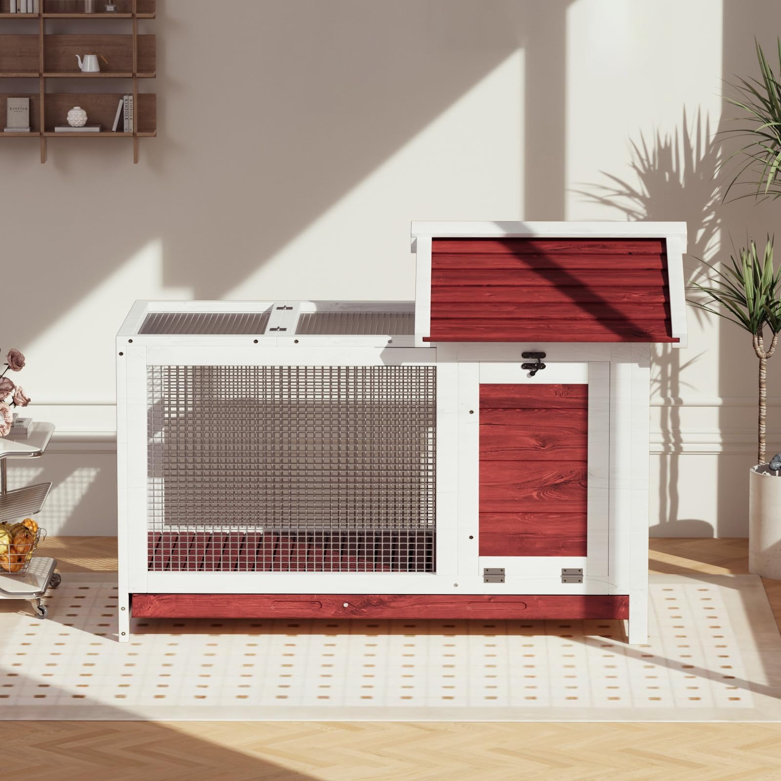 2-Story Wooden Rabbit Hutch, Weatherproof Small Animal Cage with 4 Doors, Pull-Out Tray & Ramp for Indoor/Outdoor Use