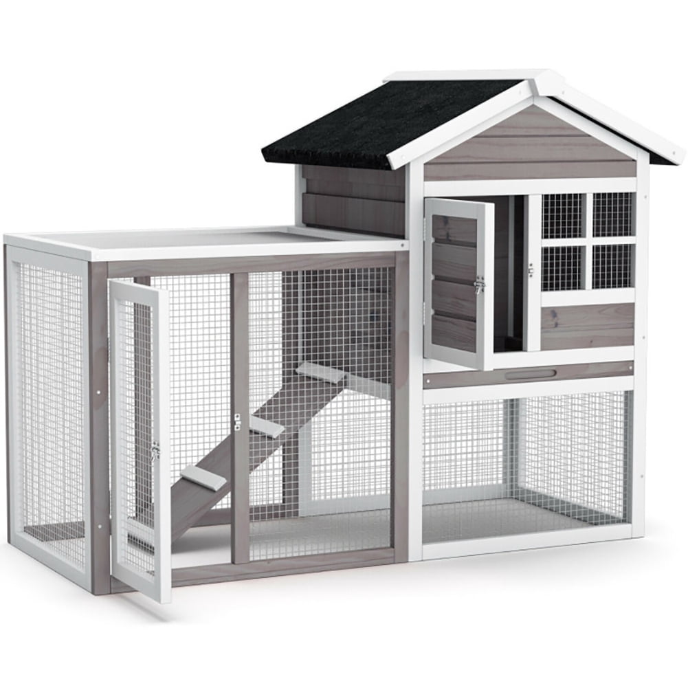 2-Story Wooden Rabbit Hutch with Running Area-Gray, Rabbit Hutch for ...