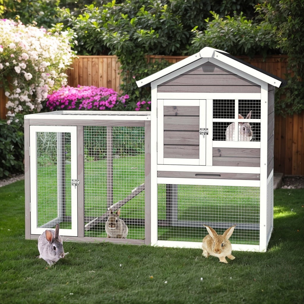 Resenkos 2-Story Wooden Rabbit Hutch with Running Area-Gray, Rabbit Hutch for Cats, Rabbits, Bunnies, Guinea Pigs, Gray