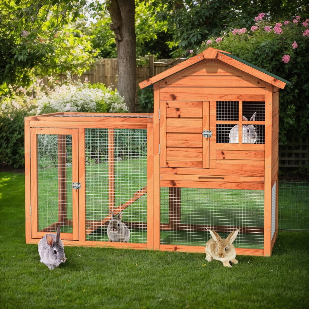 2-Story Wooden Rabbit Hutch with Running Area-Natural, Rabbit Hutch for Cats, Rabbits, Bunnies, Guinea Pigs