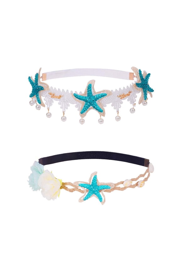 2 Strand Hairbands with Starfish Necklace - Bohemia Wedding Lace Headband Elastic Hairband Flowers and Seashell Costume for Christmas