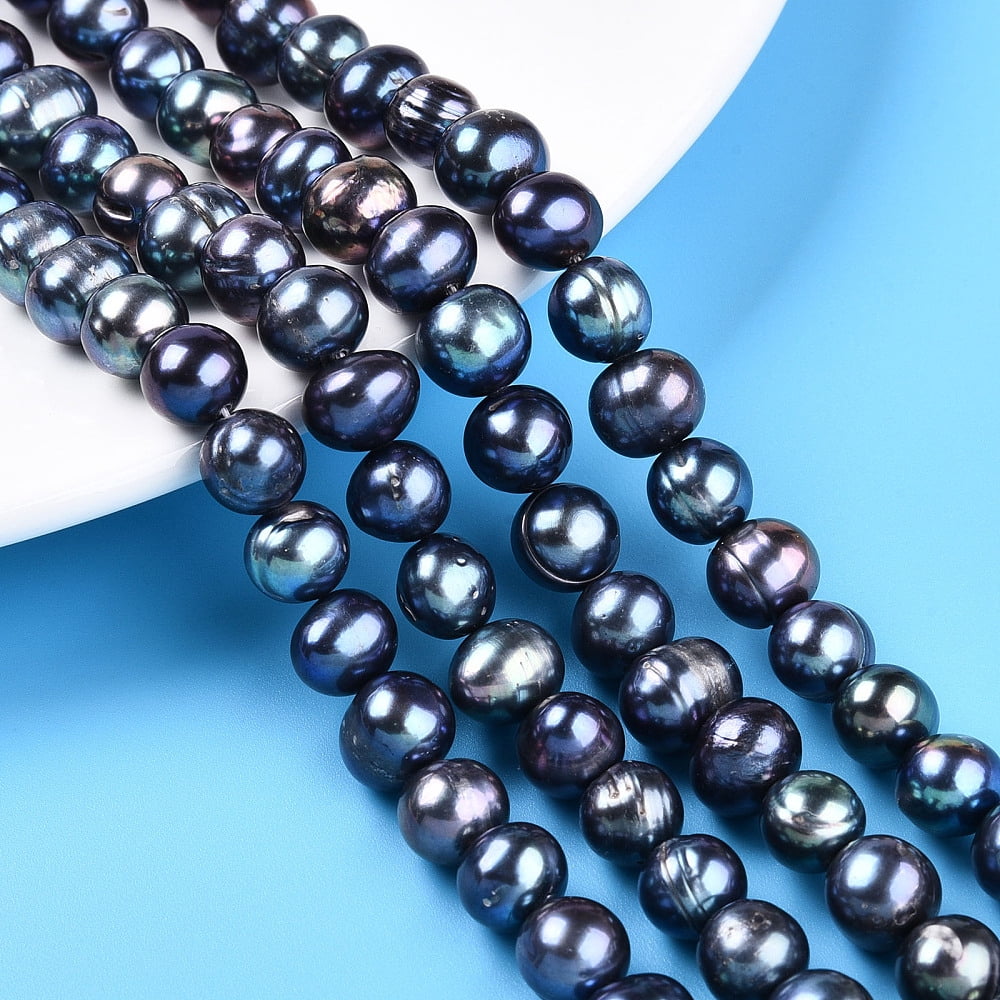 2 Strand Natural Cultured Freshwater Pearl Beads Strands Dyed Potato Prussian Blue 8~9x7.5~10.5mm Hole: 0.5mm about 20~21pcs/strand