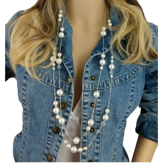 2 Strand Silver Tone Faux Pearl Necklace Long Ladies Adult Female Women