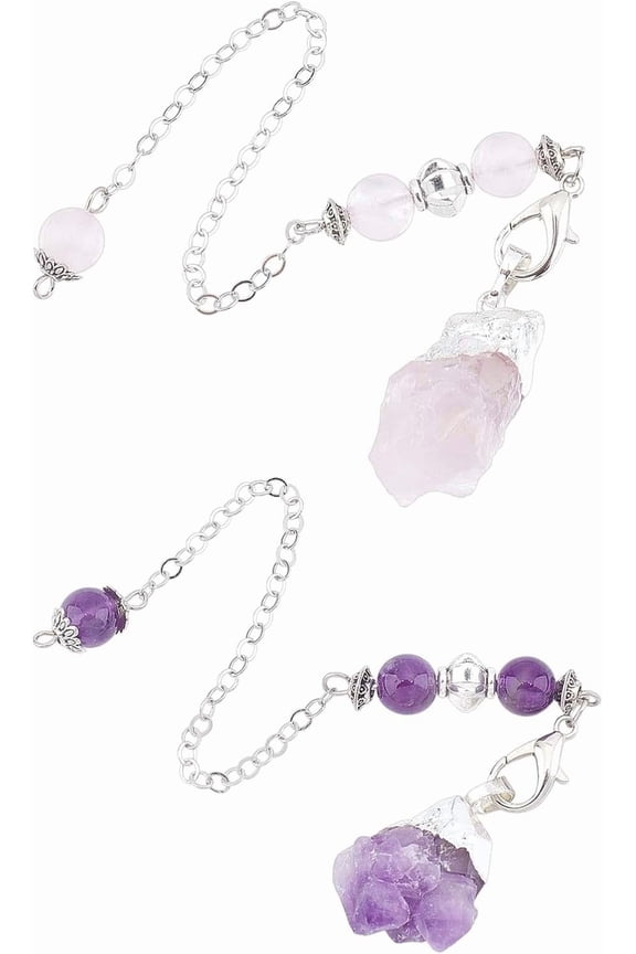 2 Strands 2 Styles Rose Quartz Dowsing Pendulum Pendants Pink Healing Crystals Stone Pendulum with Alloy Findings