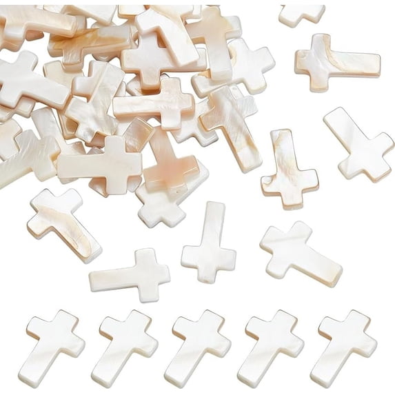 2 Strands 46 Pcs Cross Charm Undyed Sea Shell Cross Beads Crucifix Cross Pendants Drilled Beads Strands For Easter