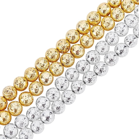 2 Strands Natural Lava Rock Beads 8mm Lava Rock Beads Strands Electroplated Round Stone Bead Charms for Jewelry Bracelet Making (Gold Silver) Colorful