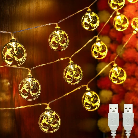 alikiki 2 Packs OM Symbol Diwali String Lights - USB Powered Metal Gold Warm White LED Electric Diyas for Diwali Gifts, Mandir, Temple, Altar, Shrine - Reusable Hindu Festival Wedding Puja Items
