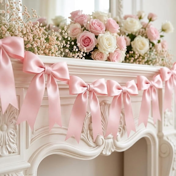 2 Strings Bow Garland, Pink Room Decor, Pink Bow Garland Banner Decoration, Pink Bow Decor for Birthday, Baby Shower, Bridal Shower, Bow Themed Party, Wedding, Christmas Tree Decorations