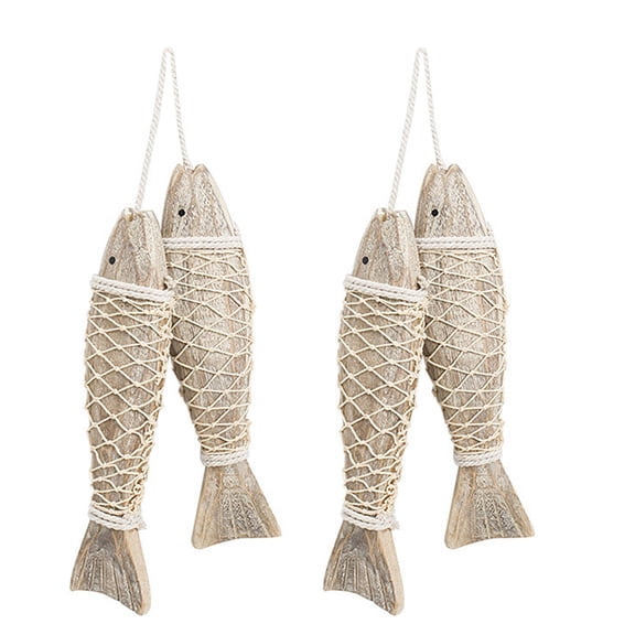 2 Strings Fish Decor: Antique Wooden Fish Wall Sculpture - Nautical Hanging Ornament - Mediterranean Coastal Decor for Hawaii Beach Theme Party