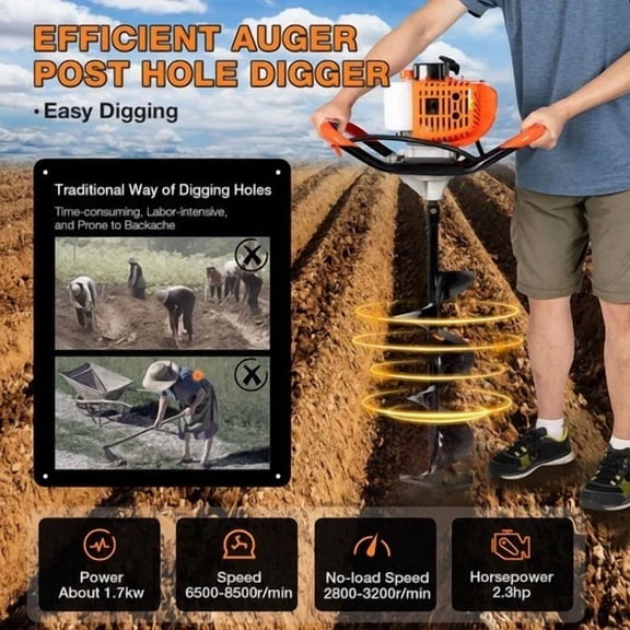 2-Stroke 52CC Earth Auger Gas Powered One Man Post Hole Digger Machine&Bit Lock