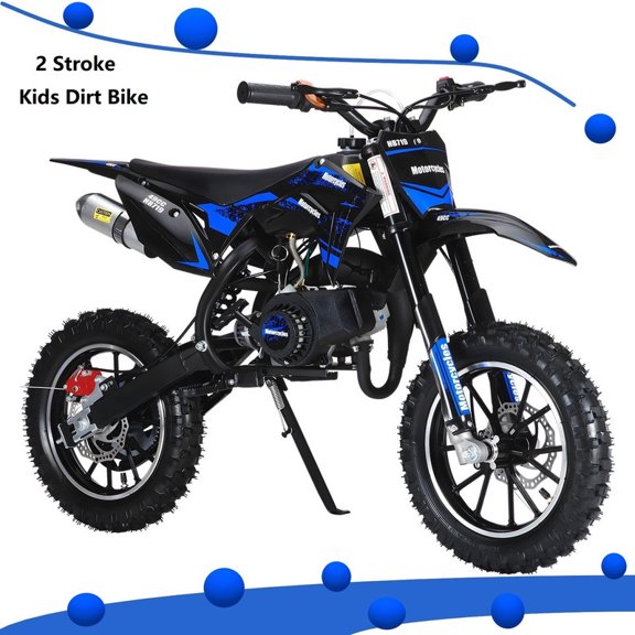 2-Stroke Gas Powered Mini Motorcycle Up to 25MPH,49cc Kids Dirt Bike, Off-Road Pit Bike for Kids 7-14 with Front Rear Disc Brakes, Shock Absorption (Blue)