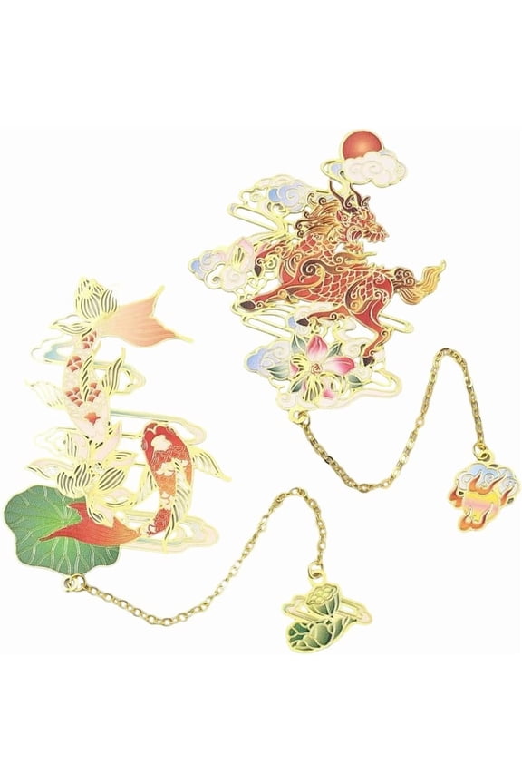 2 Style Chinese Animal Bookmarks Kirin and Carp Bookmark Fantasy Inspired Metal Bookmarks Classical Book Marks Decor Ideal Charm Bookmark for Women Men Anime Lovers Christmas Readers diy