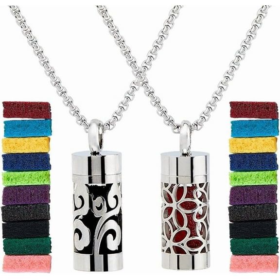 2 Style Diffuser Oil Pendant Essential Oil Necklace Stainless Steel Perfume Diffuser Interchangeable Perfume Pads Aromatherapy Bottle Necklaces for Woman Men 70.5cm Platinum