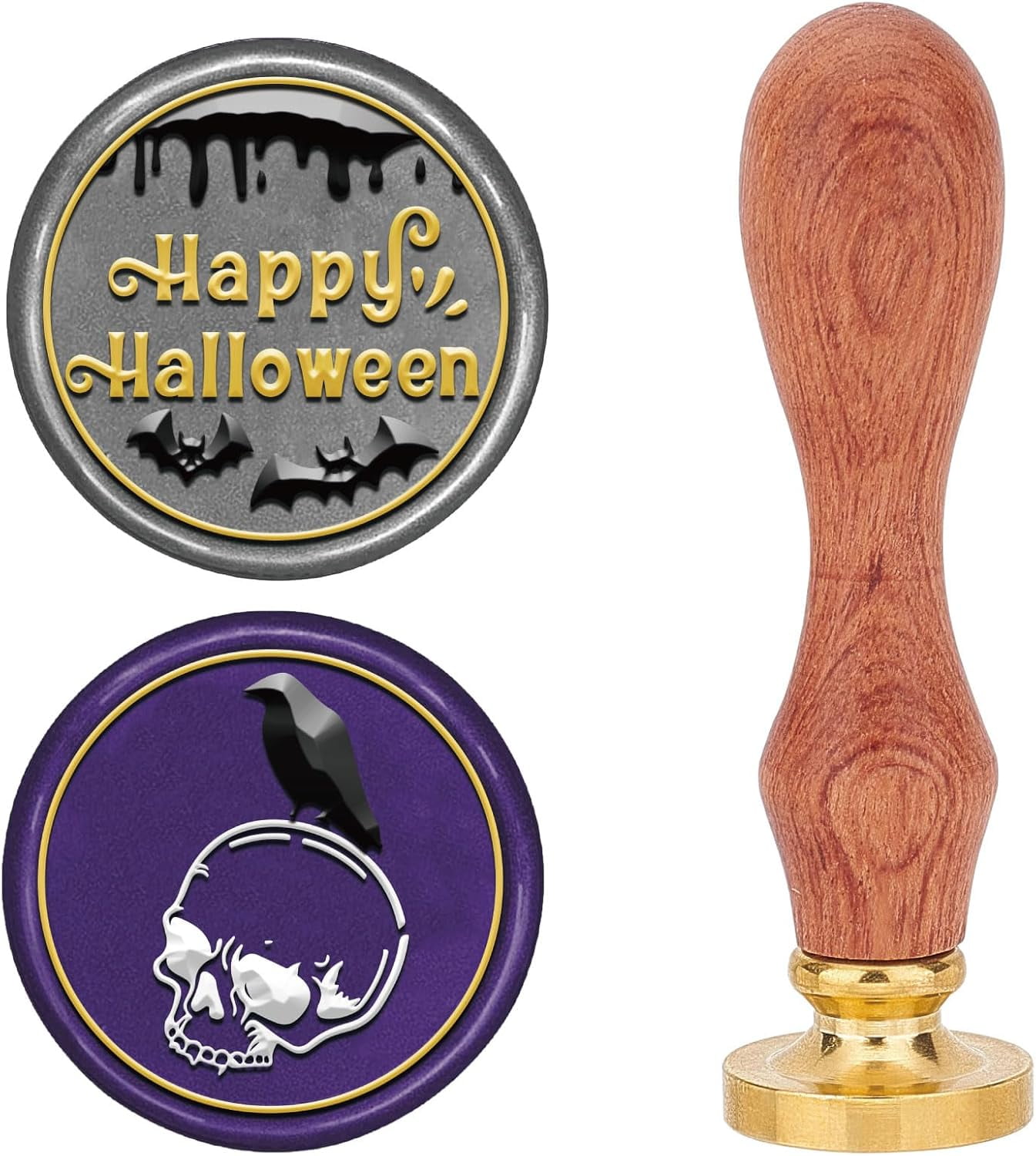 CRASPIRE Halloween Wax Seal Stamp Set 6Pc Brass Sealing Stamp Head 1pc Wood Handle Removable Kit Crow Witch Skull Spider Web Pumpkin Bat Haunted House For Party Envelope Invitation Diy Craft Gift Wrap - View #2