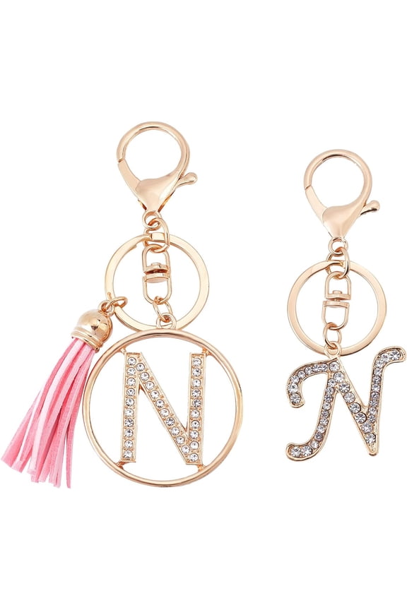 2 Style Letter Keychain Tassel Pendant Tassel Letter Key Ring Alphabet Initial Letter Pendant Sweet Purse Bag Keys Rhinestone Charm for Backpack Car Key Chain Decoration (Letter: N)