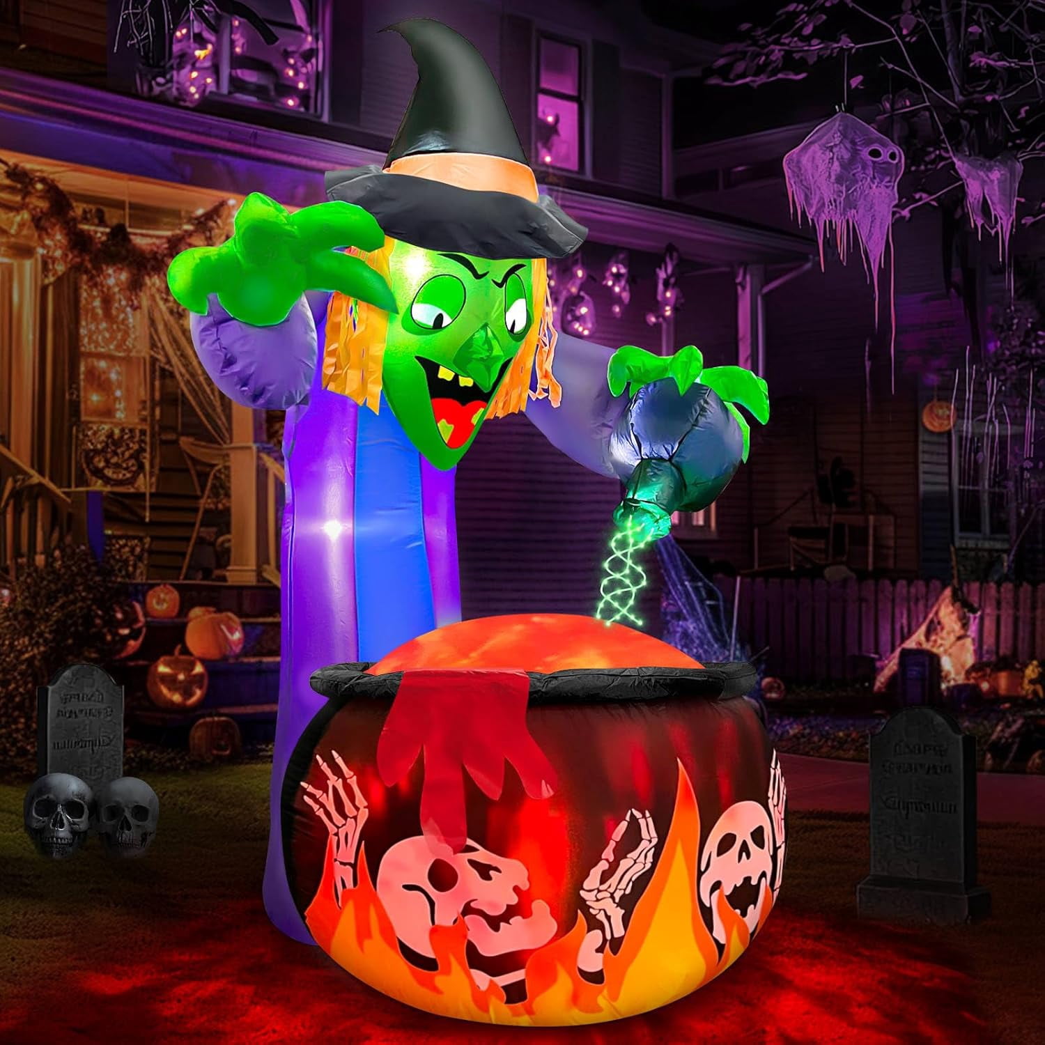 [ 2 Style Lights ] 5 Ft Halloween Inflatable Witch and Cauldron with ...