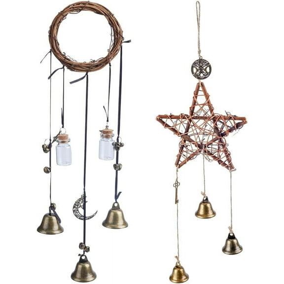 2Pcs 2 Style Rattan & Alloy/Iron Witch Bells for Door Knob Wind Chimes Witchcraft Decor Protection Bells Mixed Color 395~550mm 1pc/style
