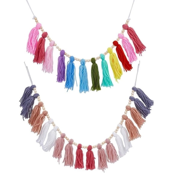 2 Style Woolen Yarn Tassel Garland Rainbow Color Wall Hanging Ornament Boho Style Tassel Banner Pennant Wood Round Beads Tassel Wall Garland for Nursery Bedroom Wall Decoration