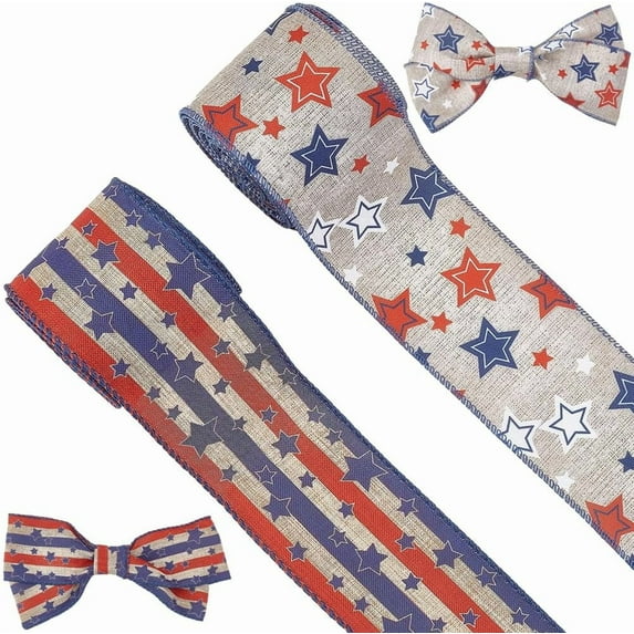2 Styles 1/2 Inch Patriotic Wired Edge Ribbon 5.47 Yards USA Flag Stars Stripes Cloth Ribbons 4th of July Applique for Memorial Day Wreath DIY Crafts Colorful DIY