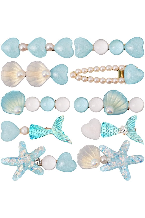 2 Styles 10Pcs Blue Pearl Seashell Hair Clip Set Summer Beach Pastel Ocean Resin Sea Shell Starfish Decorative Hair Clips Bulk for Women Headwear Styling Tools Accessories