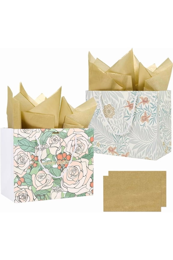 2 Styles 2Pcs Rose Paper Bags Flower Party Favor Bags Large Spring Floral Natural Vintage Present Tote with Rope Handle Tissue Papers Wrapping Package for Valentines Wedding Mother's Day diy