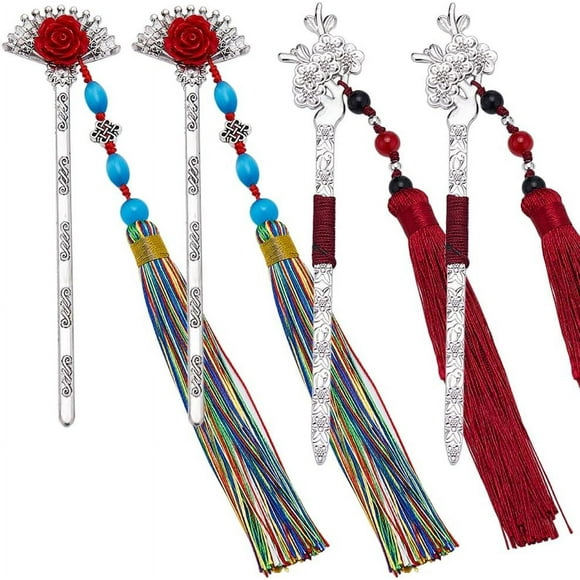 2 Styles 4PCS Vintage Metal Bookmarks with Tassels and Beads Ancient Chinese Style Bookmarkers Silver Plated Alloy Flower Page Marker Hairpin for Book Lovers Reader Gift Collections DIY