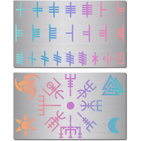 2 Styles 6 Metal Wicca Stencil Ogham Runes Viking Symbols Templates Alphabet Letters Reusable Stainless Steel Sigil
