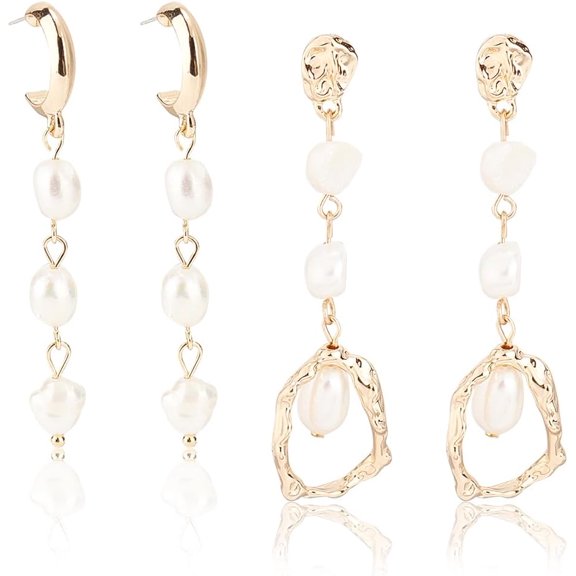 2 Styles Baroque Pearl Earrings White Pearl Beaded Hanging Stud Earrings Long Freshwater Margarite Dangle Earrings Drop Earrings Bridal Wedding Gifts for Women Wedding Bridemaids