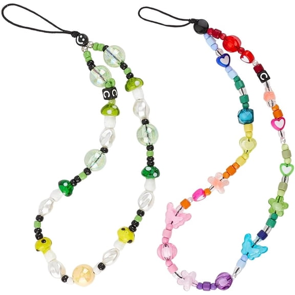 2 Styles Beaded Phone Charm Strap Detachable Resin Star Butterfly Handmade Phone Case Short Lanyard Anti-Lost Beads Chain Keychain Wrist Straps Wristlet Bracelet Accessories for DIY Women Gifts