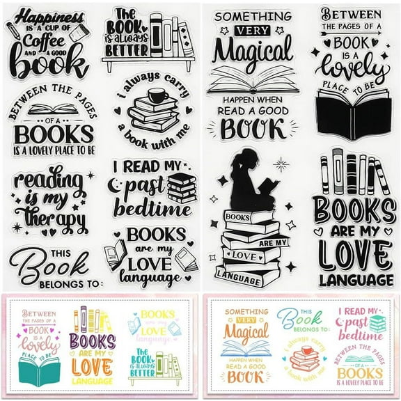 2 Styles Book Clear Stamps Bookshelf Reading Word Reusable Background Postmark Transparent Silicone Stamp Seals for Journaling Card Making Decor DIY Scrapbooking Supplies Film Frame colorful DIY