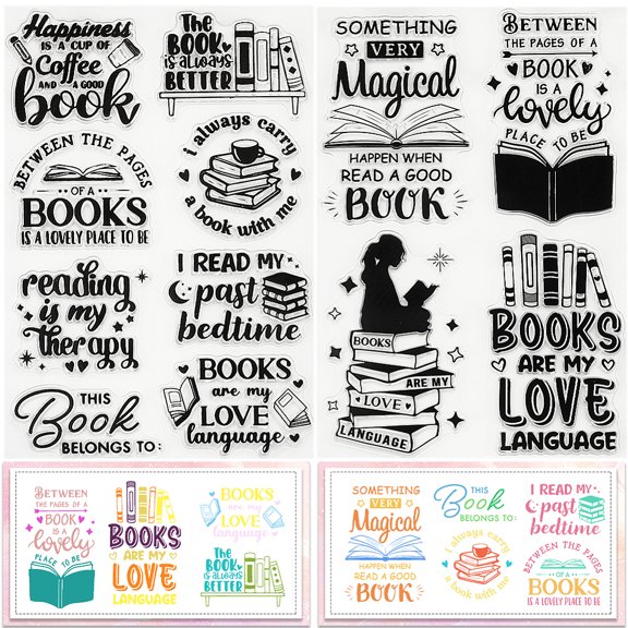 2 Styles Book Clear Stamps Bookshelf Reading Word Reusable Background Postmark Transparent Silicone Stamp Seals for Journaling Card Making Decor DIY