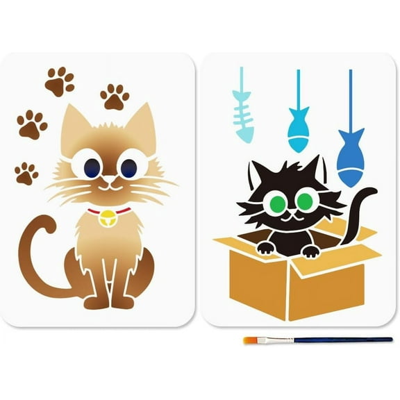 2 Styles Cartoon Cat Fish Bones Stencil 11.7x8.3inch Cat Animal Paw Prints Stencil with Paint Brush Cardboard Box Cat Pet Template