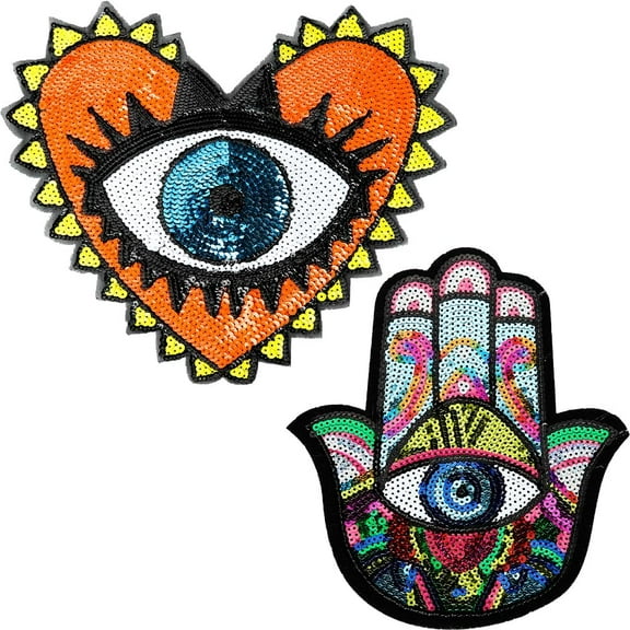 2 Styles Clothes Patches No Glue Large Sequin Patches Hand Eyes Heart Evil Eyes Embroidered Badge Applique Motif Sew On Patches DIY