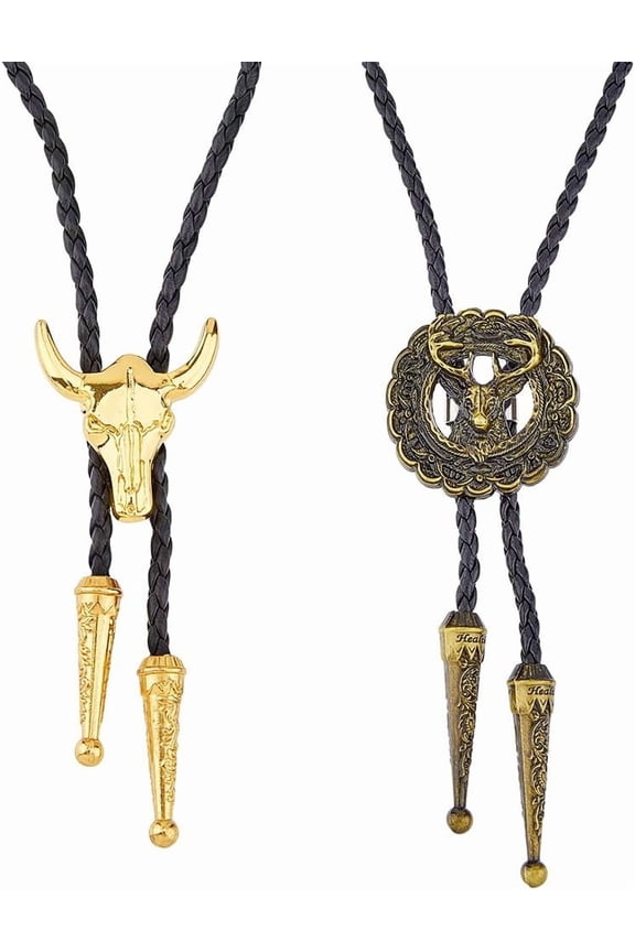 2 Styles Cowboy Bolo Ties Leather Western Necktie Cow Design Ties Adjustable Vintage Material Bola Ties Concert Costume Accessories for Men Women for DIY
