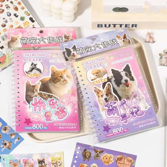 2 Styles Cute Pet Sticker Book 30 Sheets, 800 Pcs Stickers per Style, Cat & Dog Aesthetic Stickers for Scrapbooking, Journaling, DIY Crafts (Pet Sticker Set)