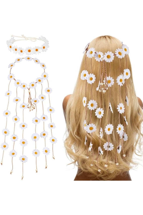2 Styles Daisy Flower Headbands Floral Boho with Tassel White Hair Wreath Headbands Adjustable Headpiece Hair Accessories for Women Girls Bridal Prom Wedding Party