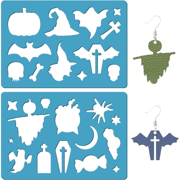 2 Styles Earrings Making Stencil Bats Stars Pumpkin Witches Acrylic Template Reusable Leather Earrings Cutting Cutouts Stencils for Jewelry Bracelets Making DIY Crafts Painting Blue