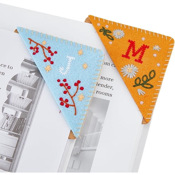 2 Styles Embroidered Corner Bookmark Hand Stitched Felt Corner Letter Bookmark Cute Flower Letter Embroidery Bookmarks Letter M J Triangle Bookmarks for Book Reading Lovers School Office