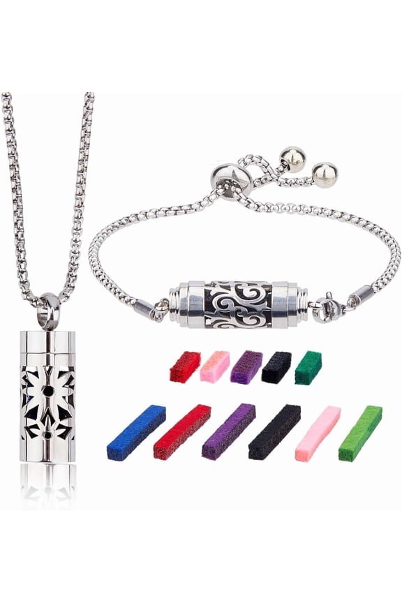 2 Styles Essential Oil Diffuser Necklace Bracelet Stainless Steel Aromatherapy Locket with 20Pcs Felt Pads Changeable Perfume Pads Adjustable Diffuser Necklaces Gift Set Silver DIY