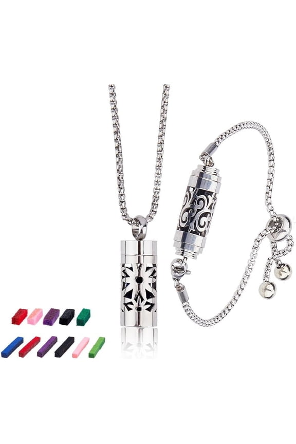 2 Styles Essential Oil Diffuser Necklace Bracelet Stainless Steel Aromatherapy Locket Pendant Set with 20Pcs Felt Pads Changeable Perfume Pads Adjustable Diffuser Necklaces Gift Set