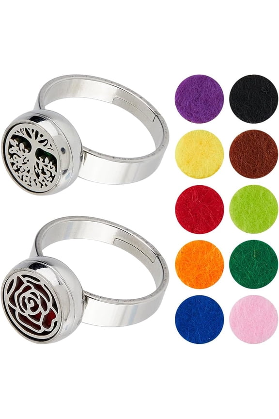 2 Styles Essential Oil Diffuser Ring Aromatherapy Adjustable Rings 18mm Open Cuff Ring Stainless Steel Finger Silver Rings with 10pcs Sponges for Women Men Essential Oils Jewelry