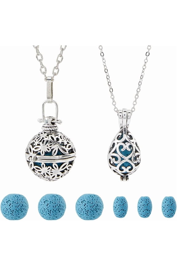 2 Styles Essential Oil Necklaces Perfume Pendant Necklaces with 12PCS Lava Rock Stones Diffuser Locket Necklace Essential Oil Jewelry Gift Aromatherapy Necklace for Women Men