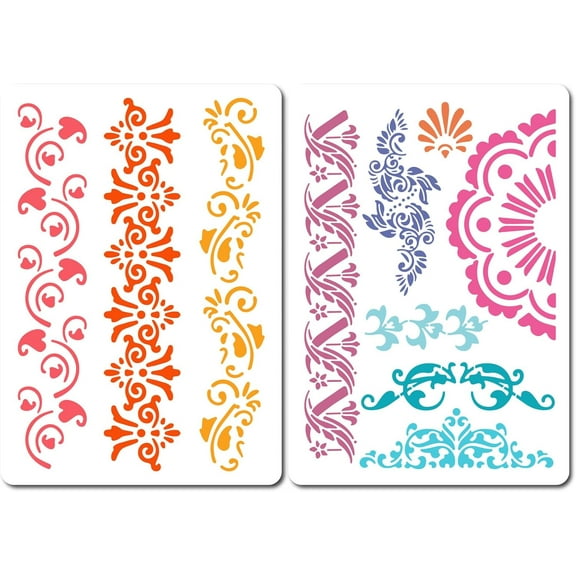 2 Styles Flower Border Stencil Ornate Mandala Floral Edge Layering Drawing Stencils Plastic Reusable Template for Card Making Album Paper Embossing Decor Painting on Wood Wall 8.3x11.8 colorful