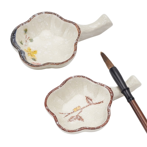 2 Styles Flower Ceramic Ink Plate Porcelain Ink Well Dish with Handle Calligraphy Brush Holder Multifunctional Inkwell Dish