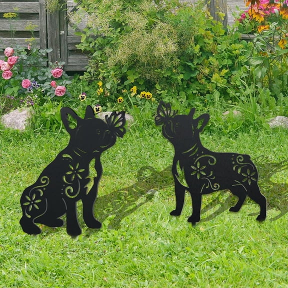 2 Styles French Bulldog Metal Decorative Garden Stakes Bulldog Dog Funny Metal Outdoor Statues Black Puppy Silhouette Ornament Dog Gifts Animal Dog Stakes for Yard Garden Patio Lawn Walkways