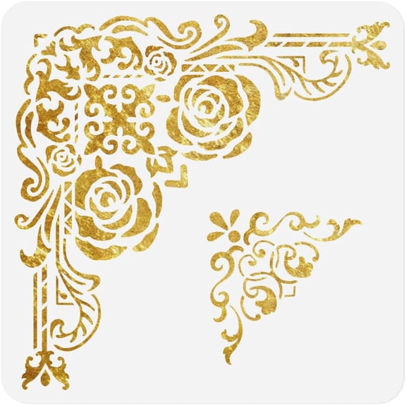 2 Styles Gothic Corner Stencil for DIY Painting 11.8"x11.8"Reusable Floral Corner Stencil Drawing Template Damask DIY Craft Paint Template for DIY Wall Home Decor Wood Burning Card Journal Fabric